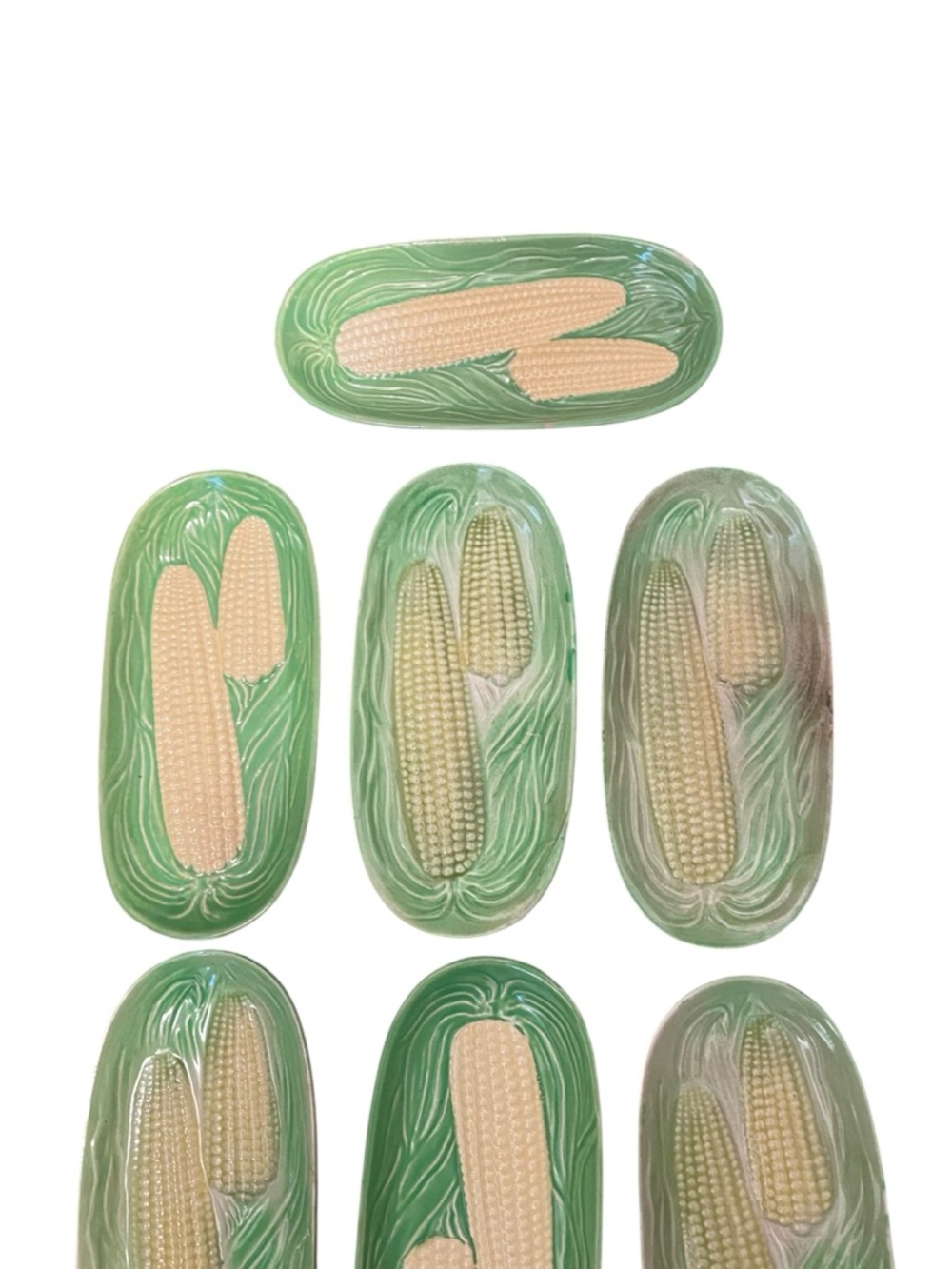 Vintage Ceramic Corn on the Cob Dishes Set of 8 Green Husk Relief Japan Retro - Picture 3 of 4